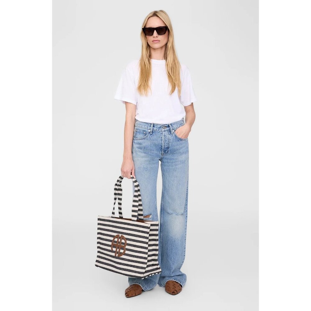 Anine Bing Black and White Striped Tote with Logo
